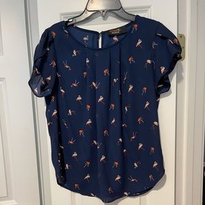 Navy Flamingo blouse with flutter sleeves